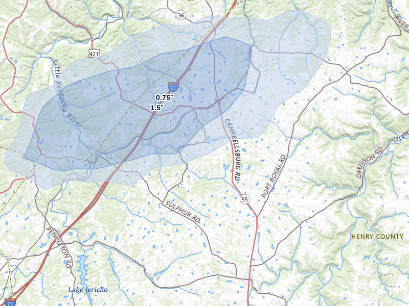 NEXRAD radar-signature map of the hail storm over Campbellsburg, KY on Aug 13, 2026