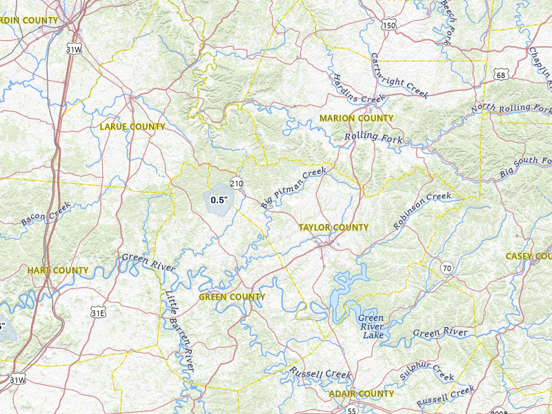 NEXRAD radar-signature map of the hail storm over Campbellsville, KY on Jul 9, 2026