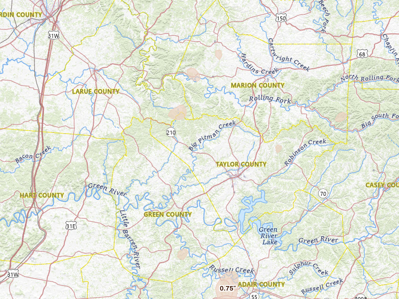 Radar-estimated hail-size map of the storm over Campbellsville, KY on Jul 17, 2026