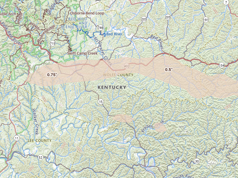 Radar-estimated hail-size map of the storm over Campton, KY