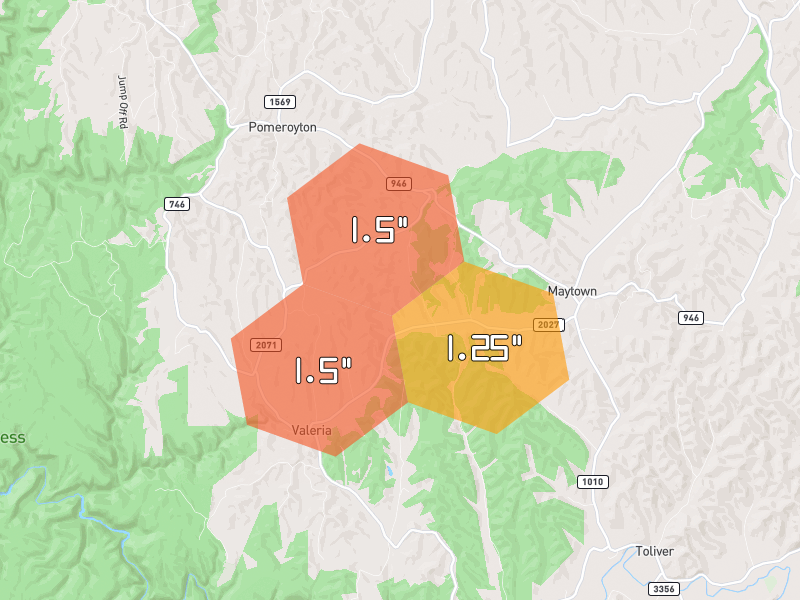 Hail map of Campton, KY on Jun 26, 2026, hail up to 1.5"