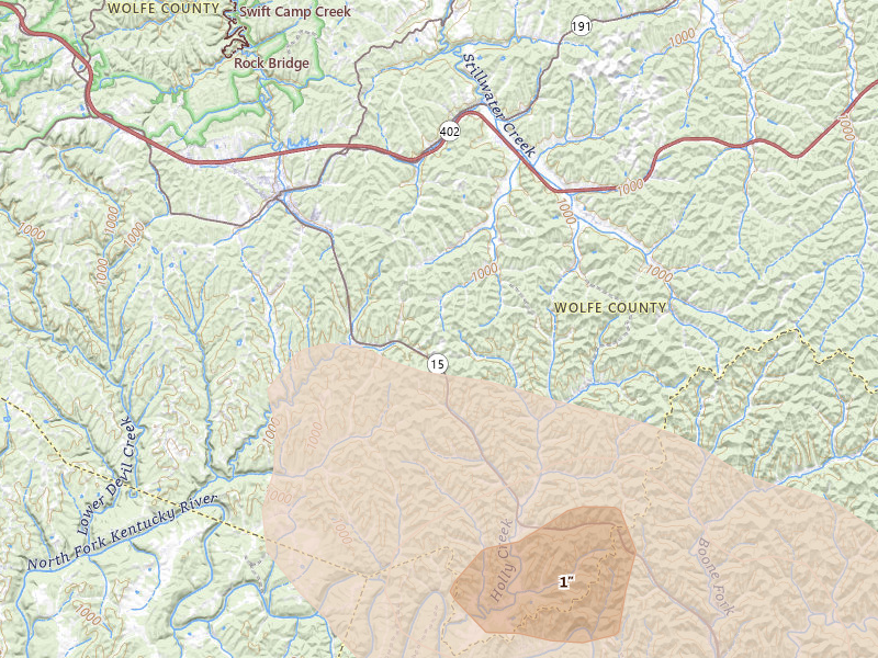 Radar-estimated hail-size map of the storm over Campton, KY on Aug 16, 2026
