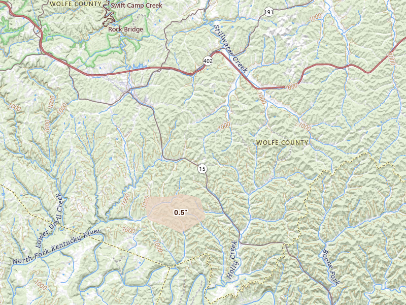 Radar-estimated hail-size map of the storm over Campton, KY on Aug 22, 2026