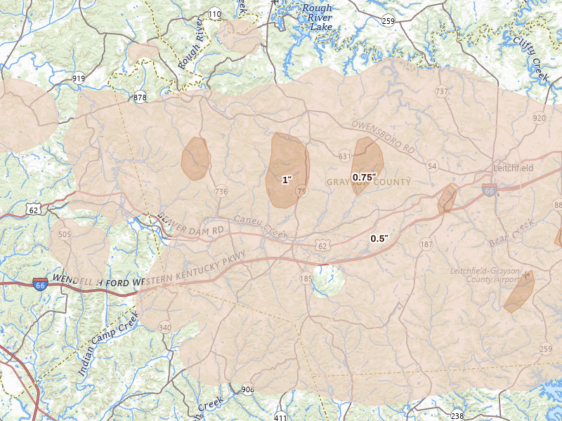 Radar-estimated hail-size map of the storm over Caneyville, KY on Apr 27, 2026