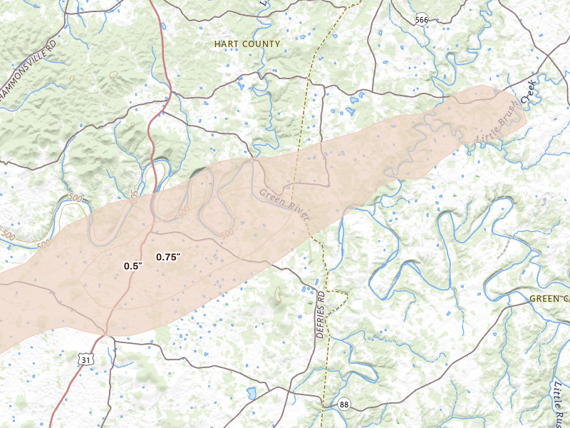 Radar-estimated hail-size map of the storm over Canmer, KY on Apr 1, 2026