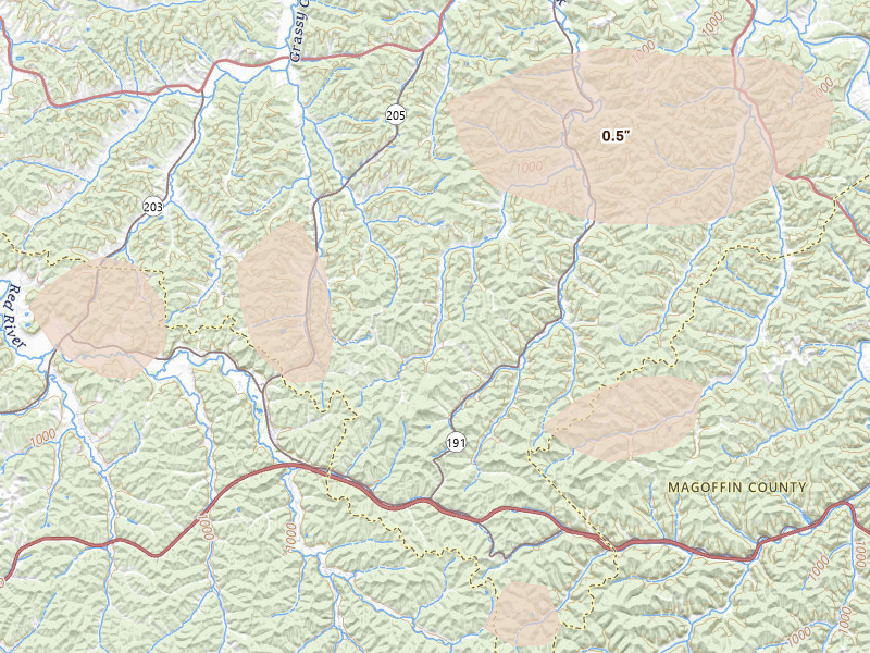 Radar-estimated hail-size map of the storm over Cannel City, KY on Aug 11, 2026