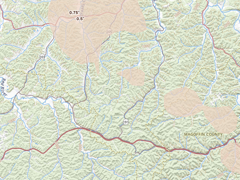 Radar-estimated hail-size map of the storm over Cannel City, KY on Aug 22, 2026