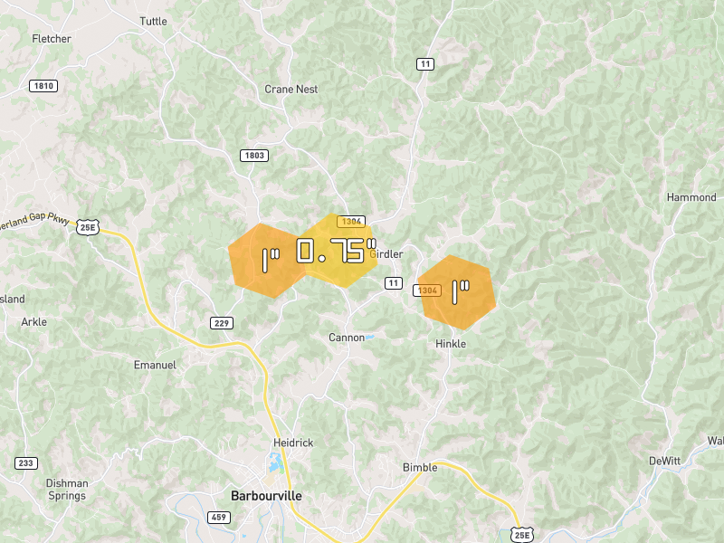 Hail map of Cannon, KY on Jul 21, 2026, hail up to 1"