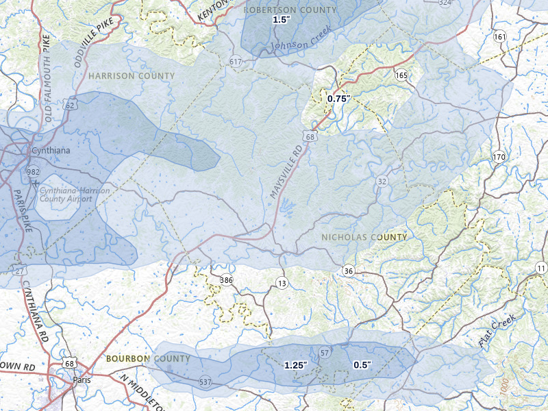 NEXRAD radar-signature map of the hail storm over Carlisle, KY on May 16, 2026