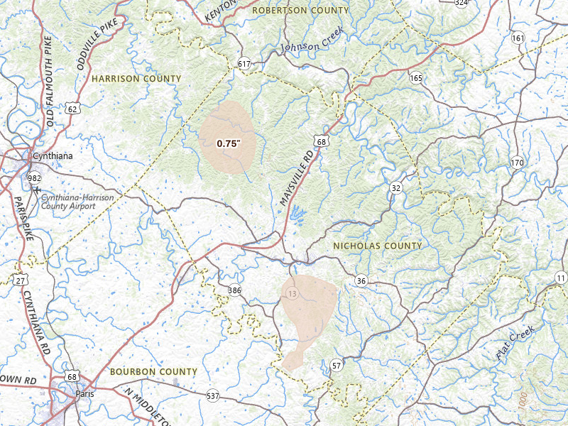 Radar-estimated hail-size map of the storm over Carlisle, KY on Jul 17, 2026