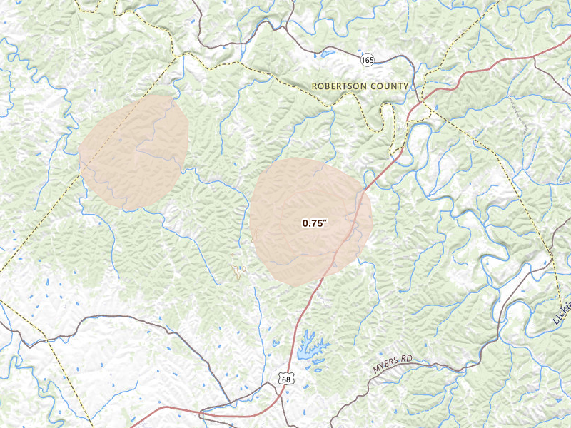 Radar-estimated hail-size map of the storm over Carlisle, KY on Aug 5, 2026