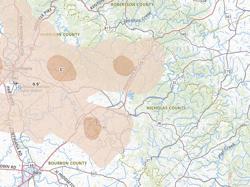 Radar-estimated hail-size map of the storm over Carlisle, KY on Aug 11, 2026