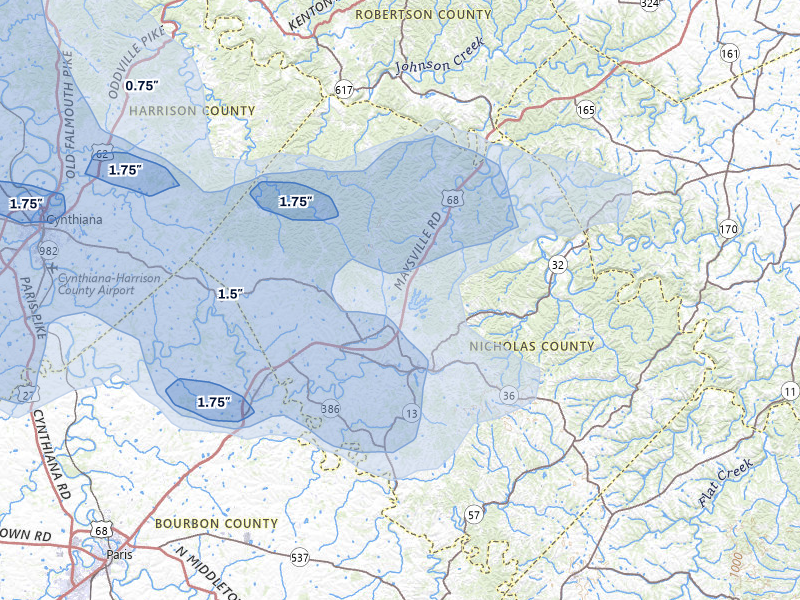 NEXRAD radar-signature map of the hail storm over Carlisle, KY on Aug 11, 2026