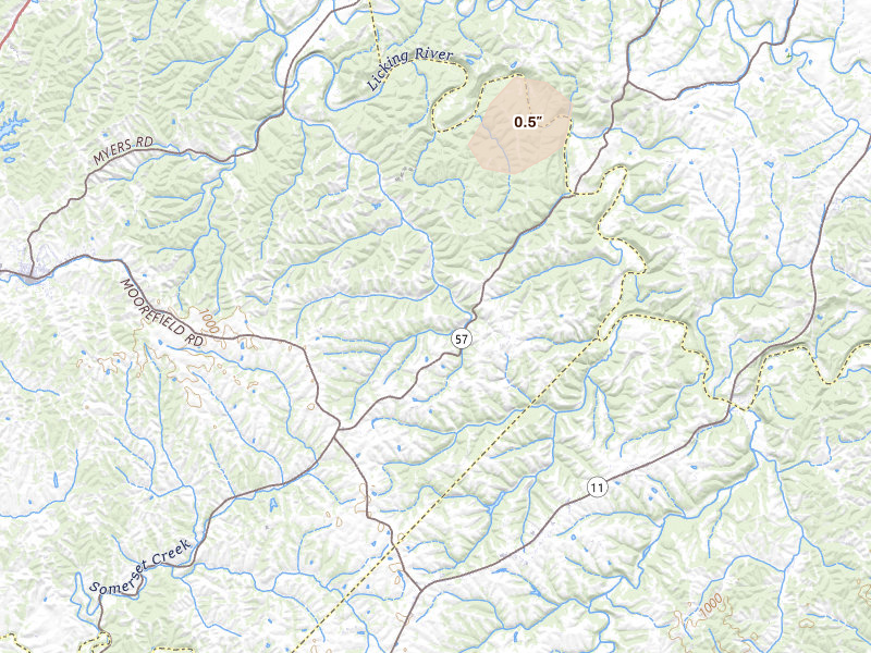 Radar-estimated hail-size map of the storm over Carlisle, KY on Aug 13, 2026
