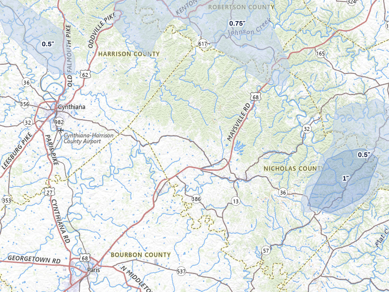 NEXRAD radar-signature map of the hail storm over Carlisle, KY on Aug 13, 2026