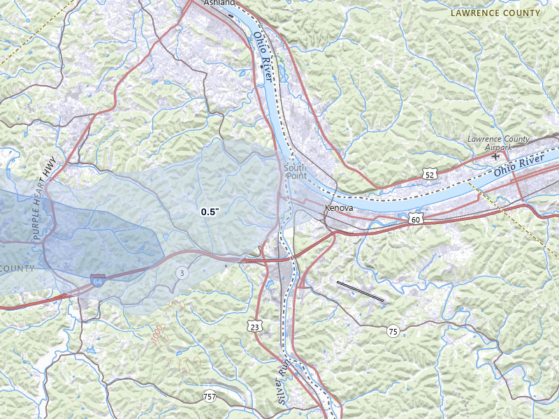 NEXRAD radar-signature map of the hail storm over Catlettsburg, KY on Jul 27, 2026