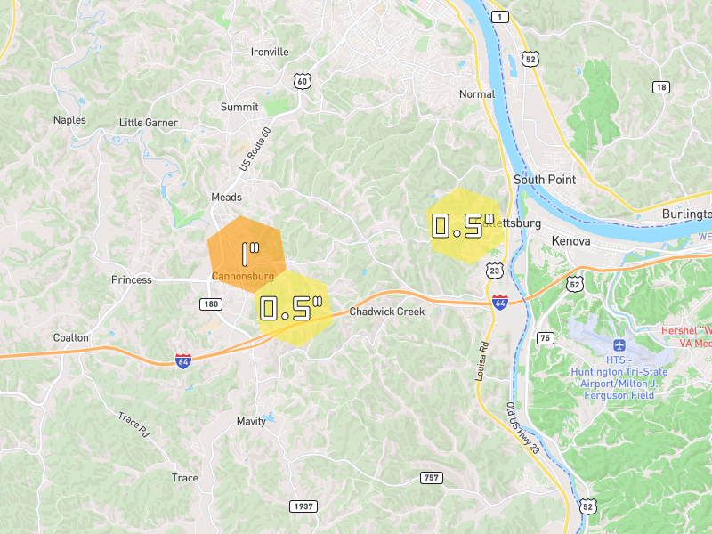Hail map of Catlettsburg, KY on Jul 28, 2026, hail up to 1"