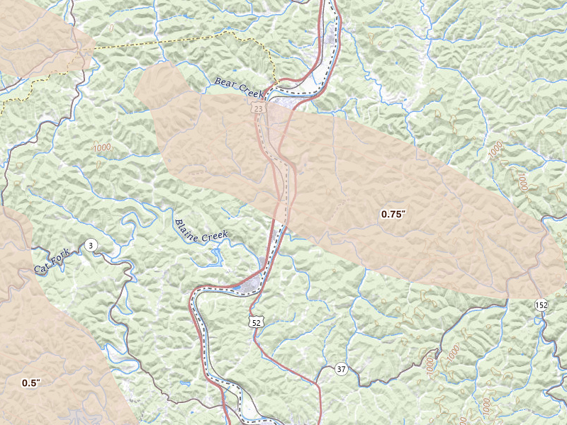 Radar-estimated hail-size map of the storm over Catlettsburg, KY on Aug 16, 2026