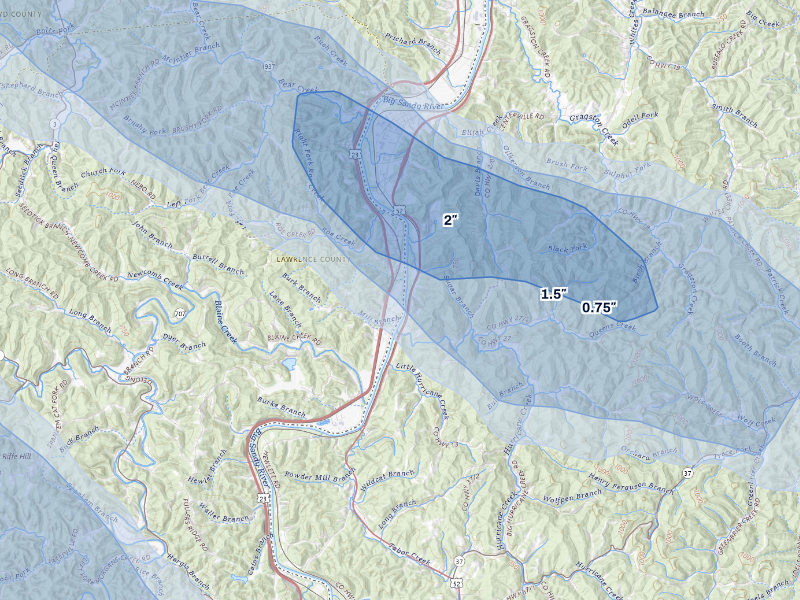 NEXRAD radar-signature map of the hail storm over Catlettsburg, KY on Aug 16, 2026