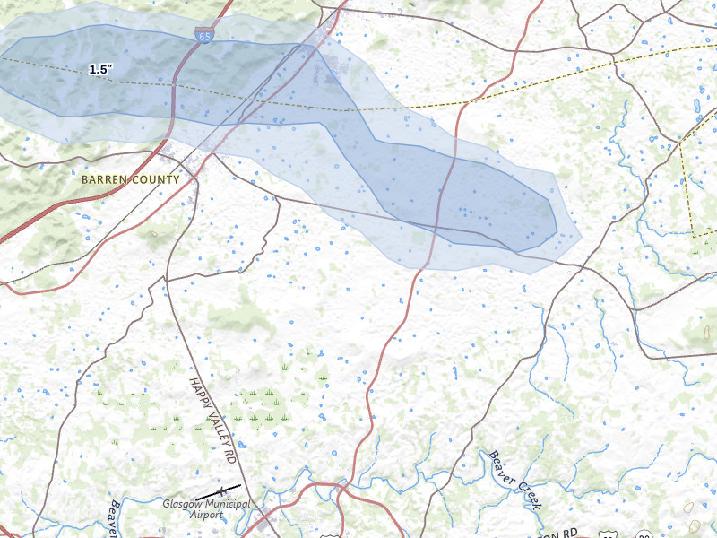 NEXRAD radar-signature map of the hail over Cave City, KY