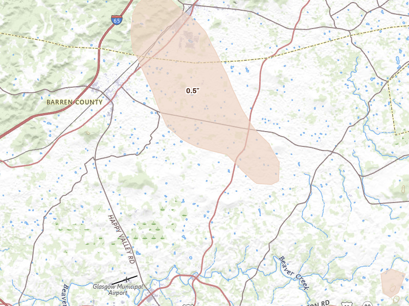 Radar-estimated hail-size map of the storm over Cave City, KY on Jul 26, 2026