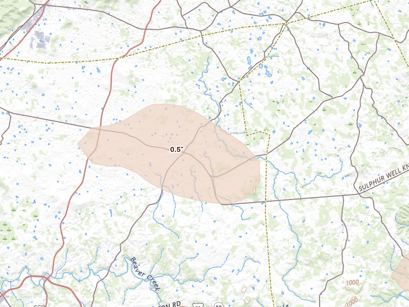Radar-estimated hail-size map of the storm over Cave City, KY on Aug 12, 2026