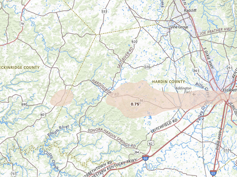 Radar-estimated hail-size map of the storm over Cecilia, KY on Apr 1, 2026