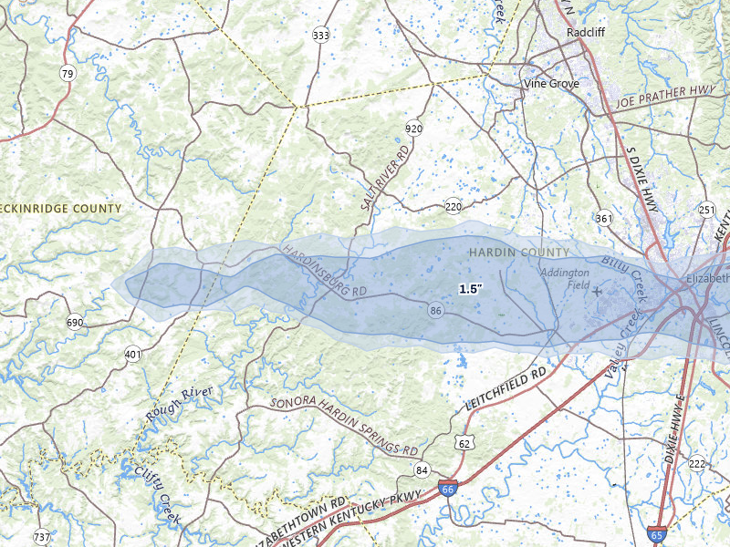 NEXRAD radar-signature map of the hail storm over Cecilia, KY on Apr 1, 2026