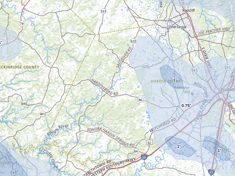 NEXRAD radar-signature map of the hail over Cecilia, KY