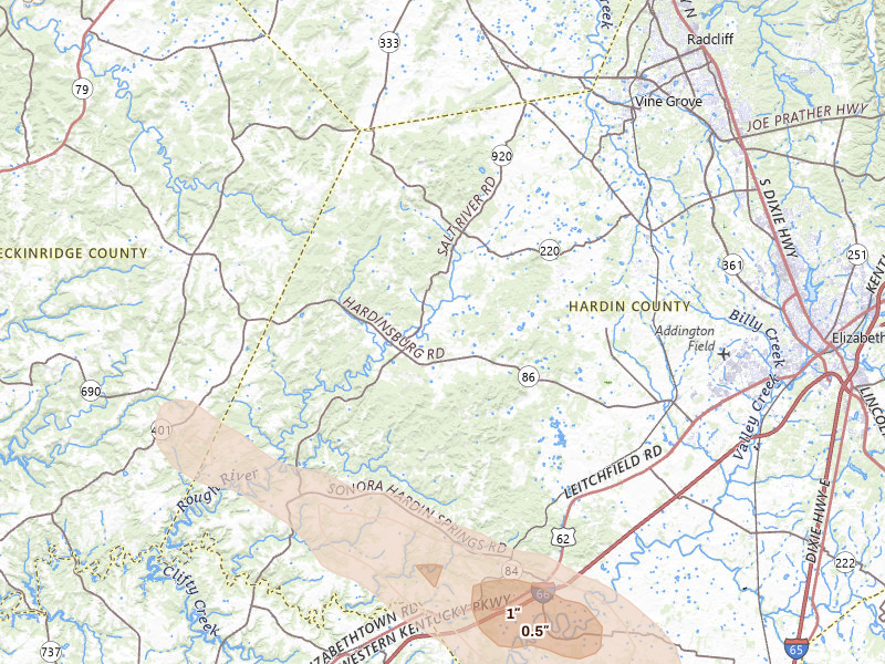 Radar-estimated hail-size map of the storm over Cecilia, KY on Aug 22, 2026