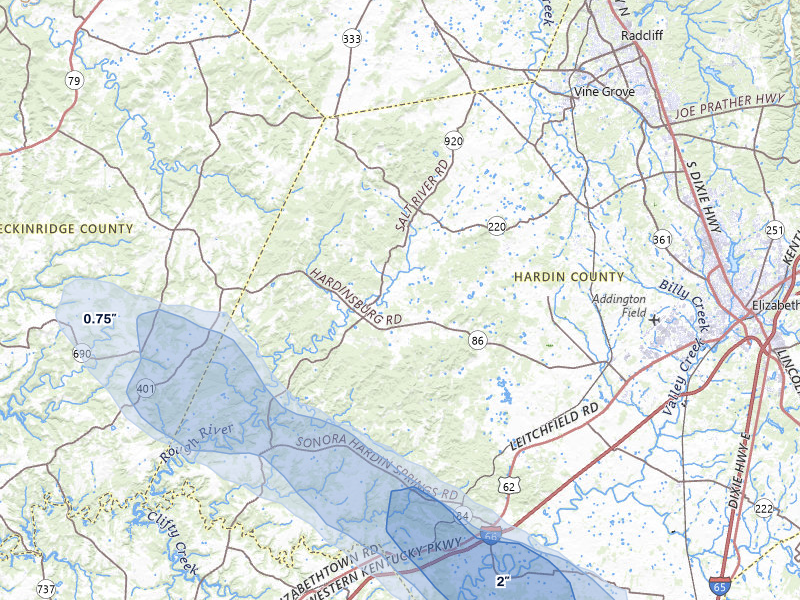 NEXRAD radar-signature map of the hail storm over Cecilia, KY on Aug 22, 2026