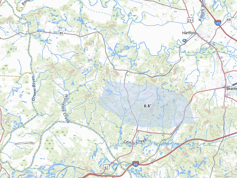 NEXRAD radar-signature map of the hail storm over Centertown, KY on Jun 9, 2026