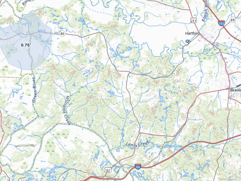 NEXRAD radar-signature map of the hail storm over Centertown, KY on Jul 4, 2026