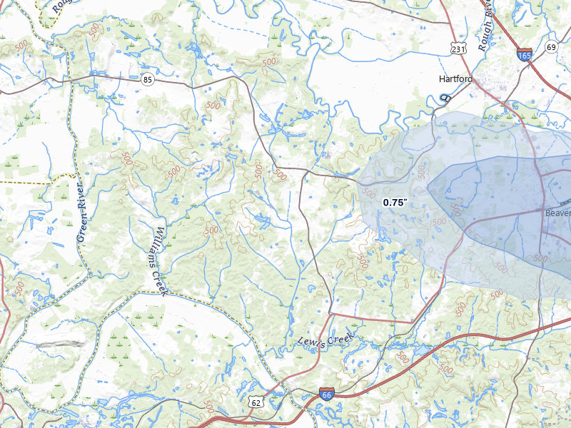NEXRAD radar-signature map of the hail storm over Centertown, KY on Jul 9, 2026