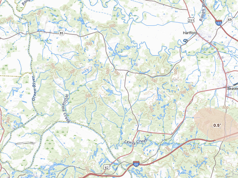 Radar-estimated hail-size map of the storm over Centertown, KY on Jul 21, 2026