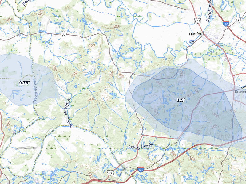NEXRAD radar-signature map of the hail over Centertown, KY