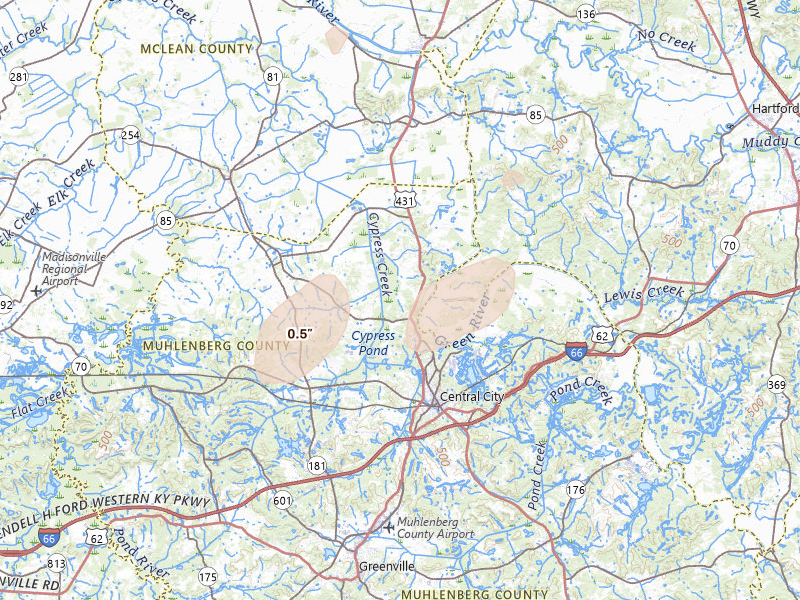 Radar-estimated hail-size map of the storm over Central City, KY on May 19, 2026