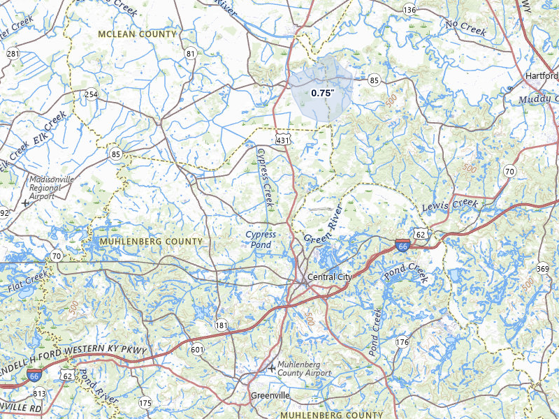 NEXRAD radar-signature map of the hail over Central City, KY