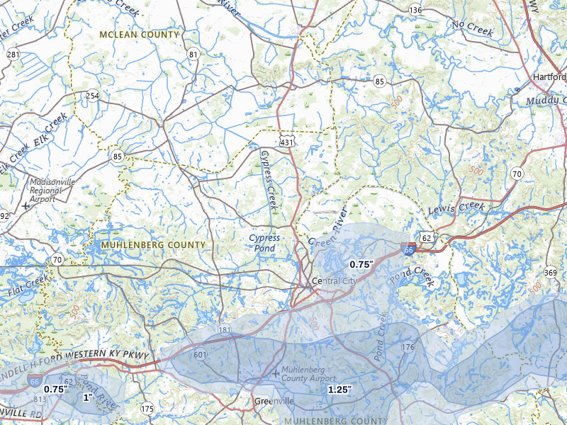 NEXRAD radar-signature map of the hail storm over Central City, KY on Jul 5, 2026