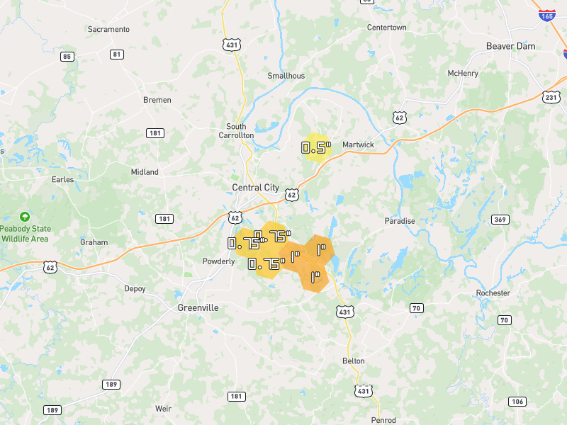 Hail map of Central City, KY on Jul 5, 2026, hail up to 1"