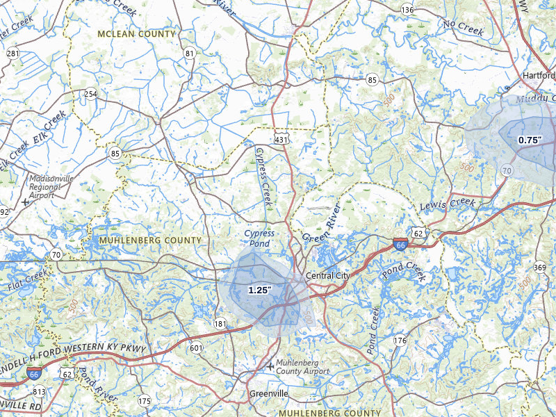 NEXRAD radar-signature map of the hail storm over Central City, KY on Jul 9, 2026