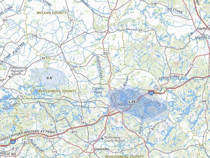 NEXRAD radar-signature map of the hail storm over Central City, KY on Jul 10, 2026
