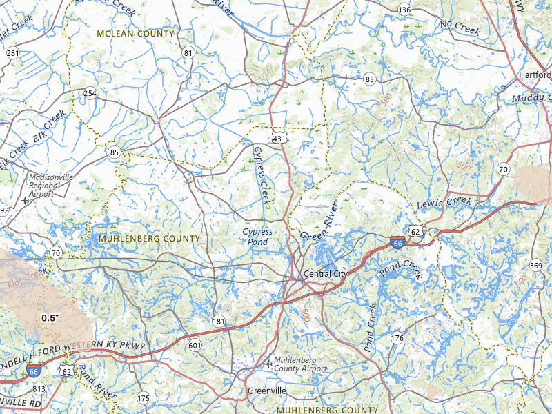 Radar-estimated hail-size map of the storm over Central City, KY on Jul 21, 2026