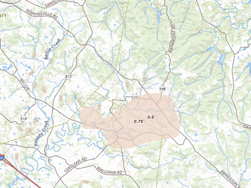 Radar-estimated hail-size map of the storm over Cerulean, KY on Apr 16, 2026