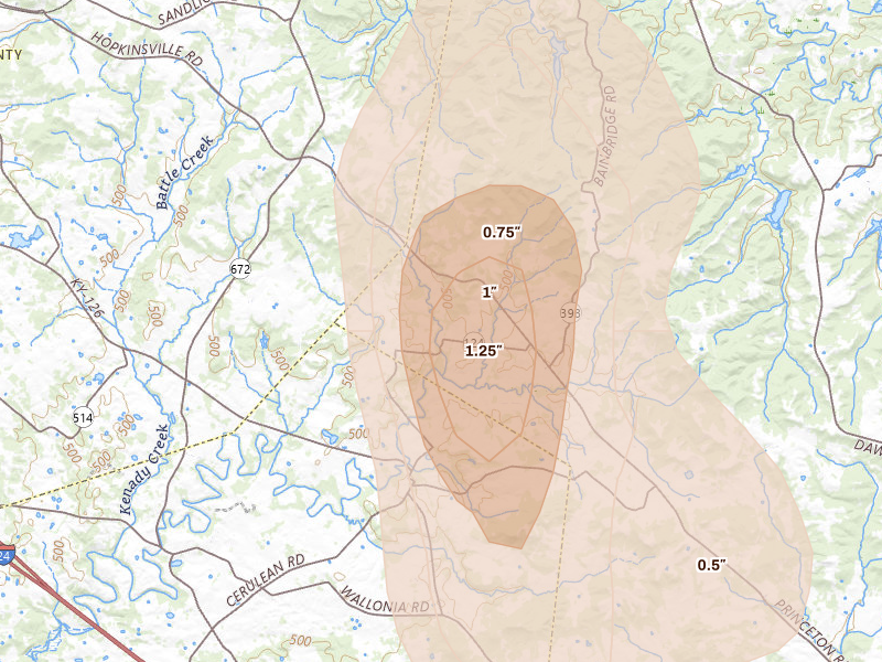 Radar-estimated hail-size map of the storm over Cerulean, KY on Jul 26, 2026