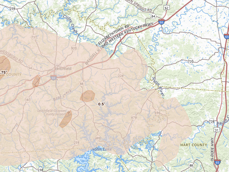 Radar-estimated hail-size map of the storm over Clarkson, KY on Apr 27, 2026