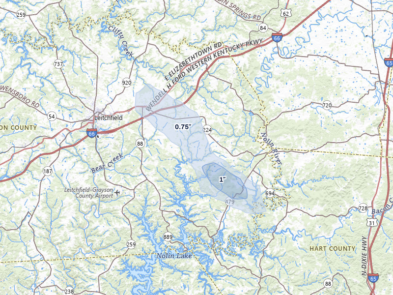 NEXRAD radar-signature map of the hail storm over Clarkson, KY on Jul 9, 2026
