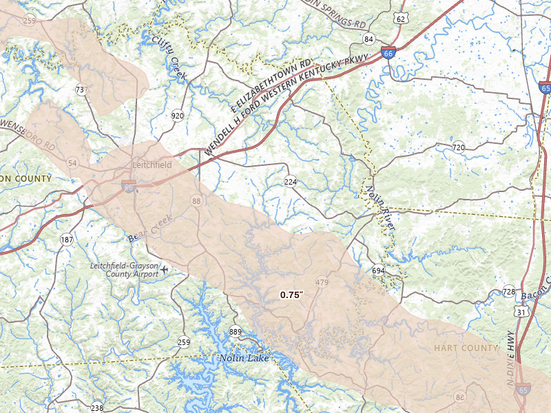Radar-estimated hail-size map of the storm over Clarkson, KY on Jul 21, 2026
