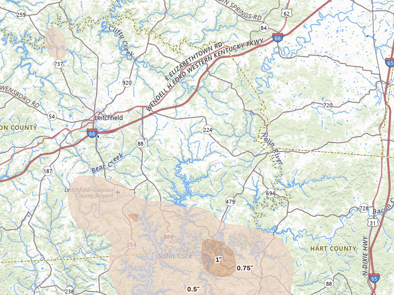 Radar-estimated hail-size map of the storm over Clarkson, KY on Jul 26, 2026