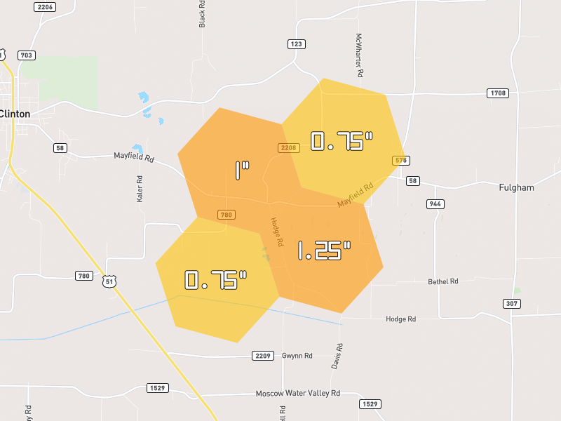 Hail map of Clinton, KY on Jul 3, 2026, hail up to 1.25"